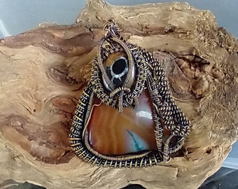 Copper Wire Wrapped Amber Color Agate & Septarian Nodule Natural Pendant, Copper Wire Art,  Mens Necklace, Womans Necklace, Gift Idea