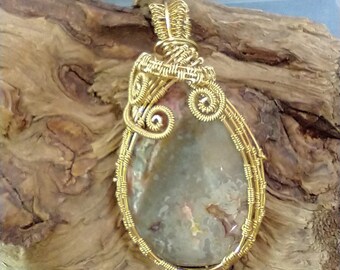 Woven Wire Wrapped Mexican Crazy Lace Agate Polished Brass Wire Natural Stone gift