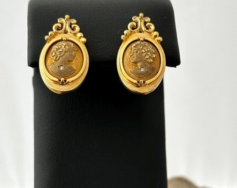 14 karat yellow gold cameo earrings with diamond accent
