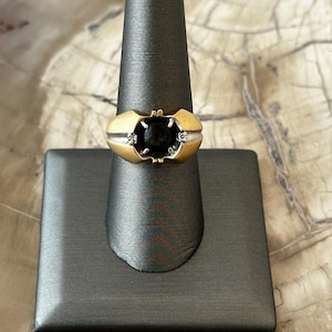 14K Gold, 2 tone Men&#39;s Black Star Sapphire and Diamond Ring with diamond accents