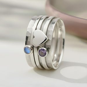 Sterling Silver fidget Worry Ring with Amethyst & Rainbow Moonstone, Wide Hammered Band