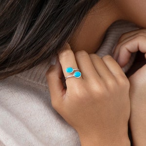 Adjustable Sterling Silver Ring with two Turquoise Gems - Handmade Open Ring