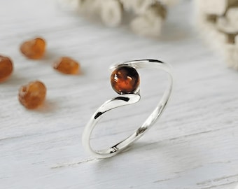 Cognac Baltic Amber Ring: 925 Sterling Silver Round Sphere Minimalist Band