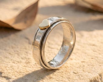Sterling Silver Spinner Ring with Golden Heart – Hammered Fidget Band
