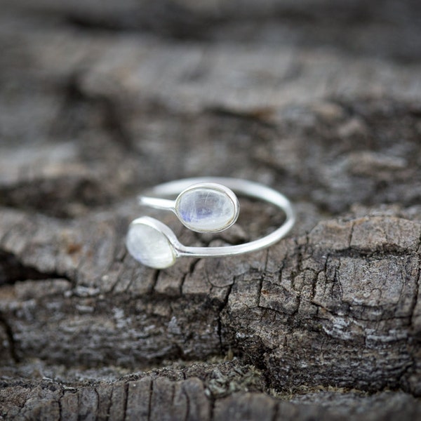 Open Adjustable Sterling Silver Ring with two Rainbow Moonstone Gems - Handmade Ring