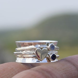 Moonstone & Amethyst Silver Spinning Ring, Meditation Heart Spinner Ring, Fidget Ring, Copper Ring, Anxiety Ring, Worry Ring, Hammered Ring