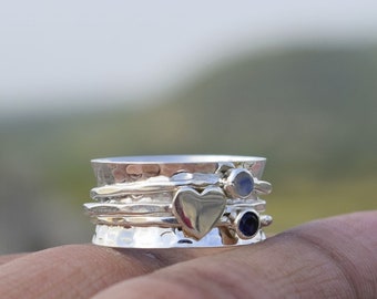 Moonstone & Amethyst Silver Spinning Ring, Meditation Heart Spinner Ring, Fidget Ring, Copper Ring, Anxiety Ring, Worry Ring, Hammered Ring