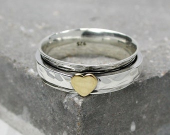 Sterling Silver Spinning Ring: Copper Heart Fidget, Anxiety, Worry Ring