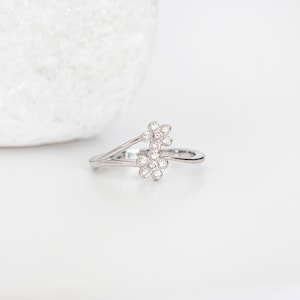 Classic Two Flowers Promise Diamond Engagement Ring, Tiny Diamond Floral Solitaire Ring, Sterling Silver Ring, Wedding Ring, Cubic Zirconia
