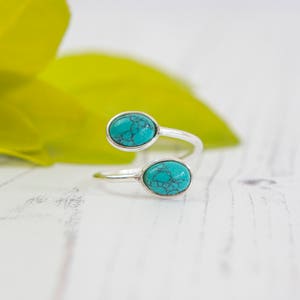 Offener Verstellbarer Sterling Silber Ring mit Zwei Türkisen - Handgemachter Ring