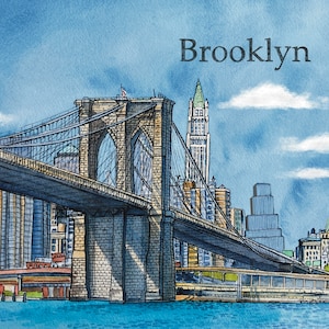 Brooklyn Bridge Watercolor Painting 8x10 Wall Art Home Decor DIGITAL DOWNLOAD