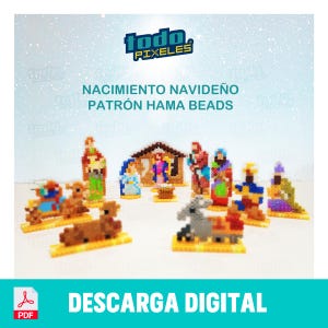 Puede incluir: Un patrón de descarga digital para un nacimiento navideño hecho con cuentas Hama. El patrón incluye figuras de María, José, el niño Jesús, los tres reyes magos, un burro, una oveja y un establo. El patrón se titula "Nacimiento Navideño Patrón Hama Beads".