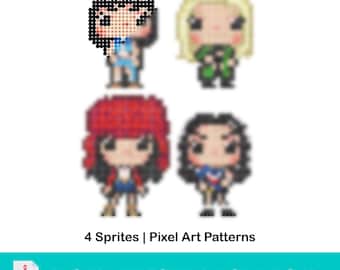 4 Sprites - Black Pink in Funko Pop style. Template for Hama, Perler Fuse Beads