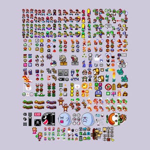 May include: A collection of pixelated characters and objects from the Super Mario video game series. The image features Mario, Luigi, Yoshi, and various enemies and power-ups, all in a classic 8-bit style. The background is a light purple color.