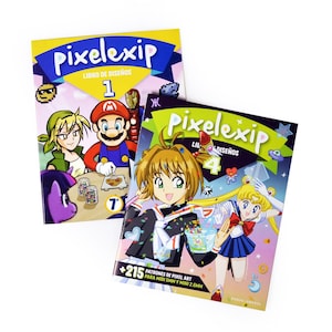 May include: Two colorful books with the title "Pixelexip" on the cover. The book on the left is volume 1 and features a cartoon image of Mario. The book on the right is volume 4 and features a cartoon image of a girl with long blonde hair. Both books have the text "LIBRO DE DISEÑOS" and "LIE DISEÑOS" on the cover.