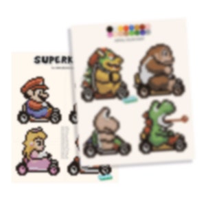 May include: A set of eight Super Mario Kart character stickers featuring Mario, Luigi, Peach, Toad, Donkey Kong, Bowser, Yoshi, and Koopa Troopa. Each character is depicted in their signature kart, ready to race.