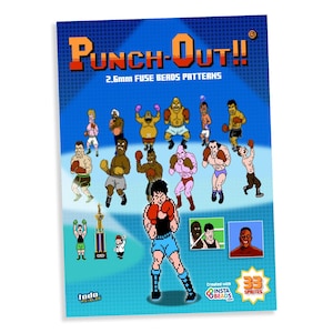 Puede incluir: Un póster azul con personajes pixelados del videojuego Punch-Out!!, con el título del juego en naranja y rojo. El póster incluye varias figuras de boxeo, un trofeo y el texto "2.6mm Fuse Beads Patterns."