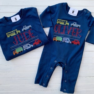 Kids Baby Boy Toddler Transportation Tee Romper Cars Trash Bus Truck Customized Personalized Name Embroidered Postal