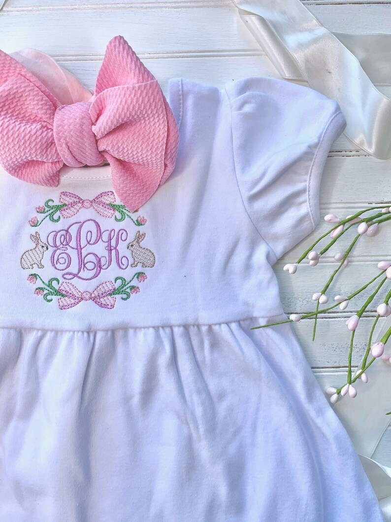Easter Dress Girl Rabbit Bunny Monogrammed Bow Ruffle White Etsy