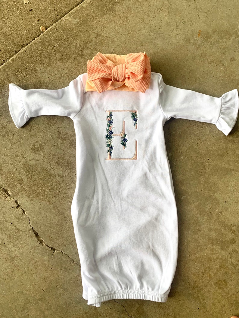 Newborn Gown Baby Girl Monogram Initial Floral Custom Embroidery Coming Home Outfit Flowers Pink