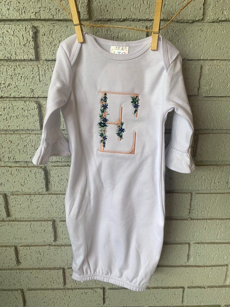 Newborn Gown Baby Girl Monogram Initial Floral Custom Embroidery Coming Home Outfit Flowers Pink