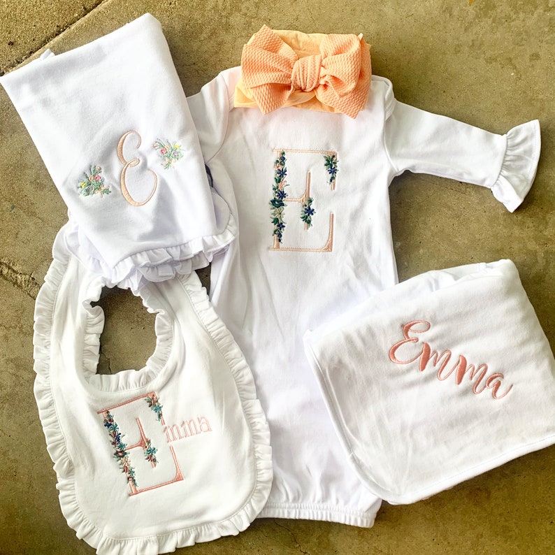 Newborn Gown Baby Girl Monogram Initial Floral Custom Embroidery Coming Home Outfit Flowers Pink