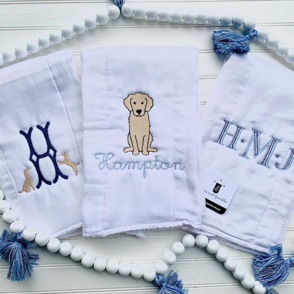 Labrador Retriever Pup Golden Burp Cloth Set Baby Boy Gift Coming Home Personalized Custom Embroidered Name Baby Shower Dog Pup