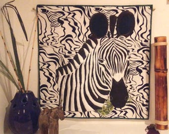 ZEBRA, BLACK or WHITE? Wall Art, Wall Hanging, Original fiber art, Exotic animal decor, Hand painted zebra, Leather and Suede zebra,