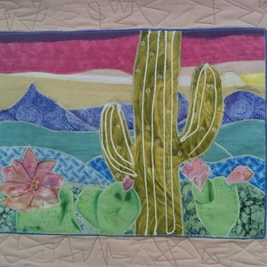 Cactus in high dessert, pastel southwest landscape, purple mountains, cactus flowers in fiber art,
