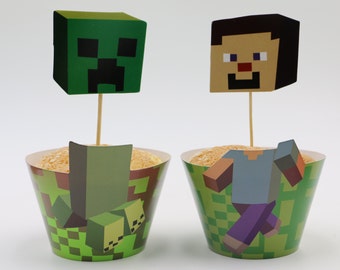 12 set Minecraft inspired cupcake wrappers and toppers Minecraft Party Decoration