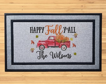 Custom Fall Truck Door Mat, Personalized Autumn Welcome Mat, Family Name Door Mat