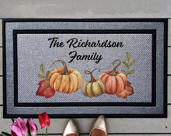 Custom Fall Pumpkins Door Mat, Personalized Autumn Welcome Mat, Family Name Door Mat