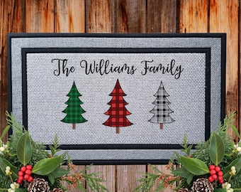 Christmas Trees Plaid Door Mat Personalized, Christmas Welcome Door Mat