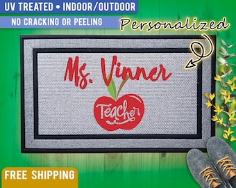 Custom Teacher Door Mat, Classroom Welcome Mat, Teacher Apple Door Mat