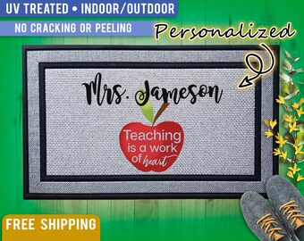 Custom Teacher Door Mat, Classroom Welcome Mat, Teaching Is A Work of Heart Door Mat