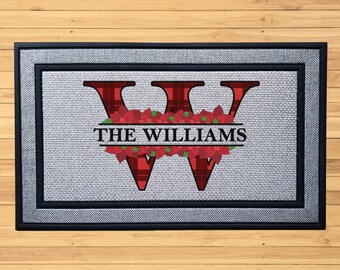 Christmas Poinstettia Plaid Door Mat Personalized, Christmas Welcome Door Mat
