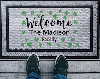 Shamrock Welcome, Custom Door Mat, Personalized Welcome Mat, St. Patrick's Day Doormat