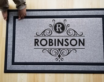 Custom Door Mat, Personalized Welcome Mat, Round Monogram Filigree Design Door Mat
