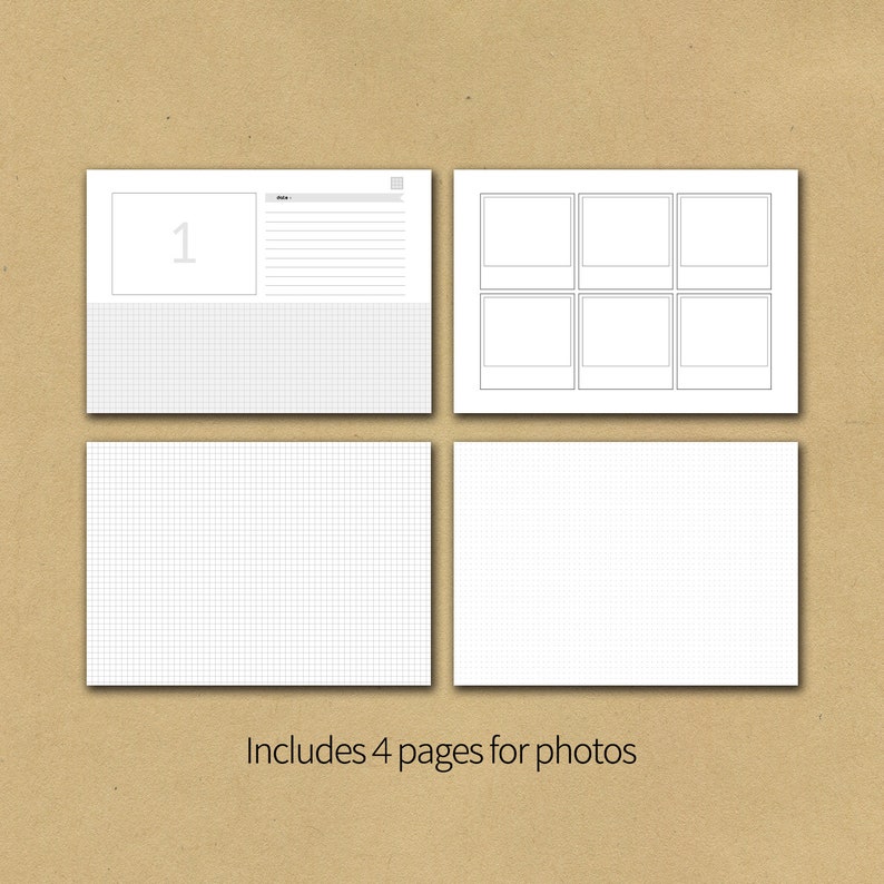 Op de afbeelding: Een lay-out van vier witte pagina's met verschillende raster- en fotokaderontwerpen. E&eacute;n pagina heeft het nummer 1, een andere heeft zes fotokaders en twee pagina's hebben rasterpatronen. De tekst "Includes 4 pages for photos" staat onderaan.