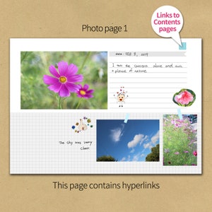 Op de afbeelding: Een scrapbook pagina met de titel "Photo page 1". Het bevat foto's van roze bloemen, een blauwe lucht en handgeschreven notities. De tekst "This page contains hyperlinks" is ook zichtbaar.