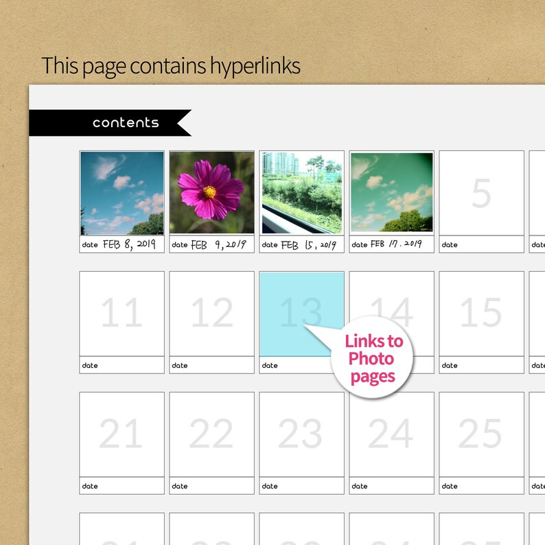 Op de afbeelding: Een digitale scrapbookpagina met een rasterindeling. De pagina bevat foto-plekhouders, datums en de tekst "This page contains hyperlinks" en "Links to Photo pages". De pagina heeft een neutraal kleurenschema.