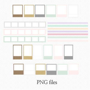 Op de afbeelding: Een verzameling PNG-bestanden met verschillende fotolijstontwerpen in bruin, goud, grijs, mintgroen en roze tinten. Ook inbegrepen zijn decoratieve stroken met stippen en strepen. De tekst "PNG files" staat onderaan.
