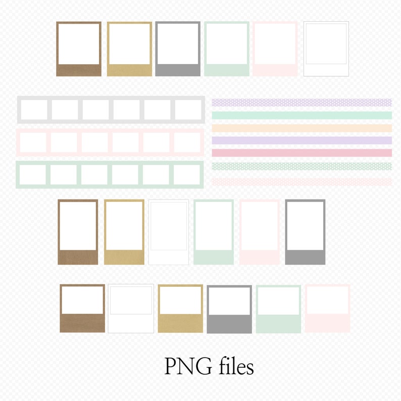 Op de afbeelding: Een verzameling PNG-bestanden met verschillende fotolijstontwerpen in bruin, goud, grijs, mintgroen en roze tinten. Ook inbegrepen zijn decoratieve stroken met stippen en strepen. De tekst "PNG files" staat onderaan.