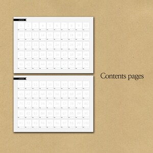 Op de afbeelding: Twee witte pagina's met genummerde vakken, genummerd 1-100, voor een inhoudsopgave. De pagina's staan op een bruinachtige achtergrond met de woorden "Contents pages" in bruine tekst.