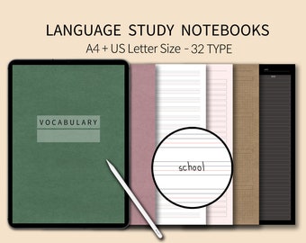 Puede incluir: Cuadernos digitales de estudio de idiomas, tamaños A4 y US Letter, 32 tipos. La imagen muestra una cubierta de cuaderno verde con "VOCABULARY" y un lápiz óptico. También se ve la palabra "school". Compatibles con GoodNotes, Notability y Xodo.