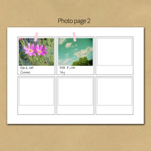 Op de afbeelding: Een scrapbookpagina met de tekst "Photo page 2" bovenaan. Twee foto's zijn zichtbaar, een van roze kosmosbloemen en de andere van een blauwe lucht. De datum "FEB 8, 2019" staat onder elke foto.