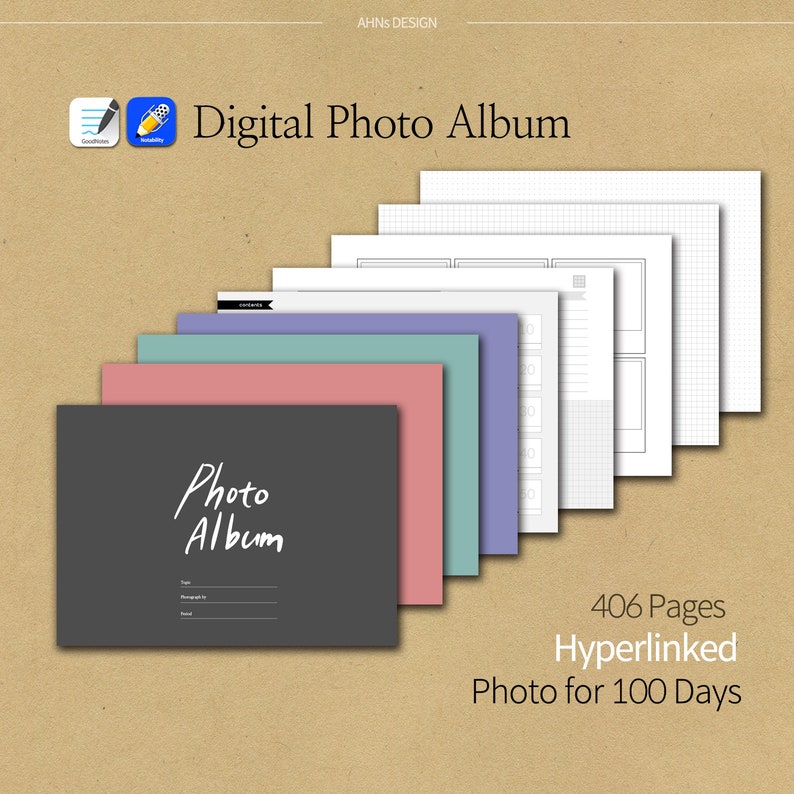 Op de afbeelding: Een digitaal fotoalbum met een donkergrijze omslag met de tekst "Photo Album" in witte letters. Het album bevat pagina's in verschillende kleuren en ontwerpen, met de tekst "406 Pages Hyperlinked Photo for 100 Days."