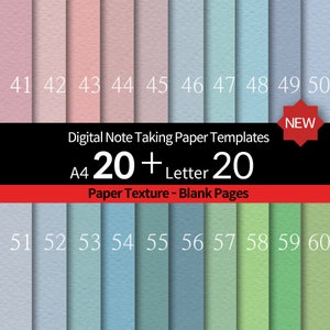 以下が含まれることがあります： ピンクから緑まで、さまざまな色のデジタルノート用紙テンプレート。画像には、41から60までの番号が付けられた紙のサンプルが表示されています。テキストには「Digital Note Taking Paper Templates」と「A4 20+ Letter 20 Paper Texture - Blank Pages」と書かれています。