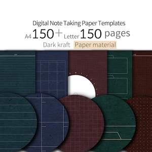 May include: Digital note-taking paper templates with various designs. The image shows a collection of templates with different layouts, including lined, grid, and calendar formats. The templates are in dark kraft paper material, with the text "150+ Letter 150 pages".