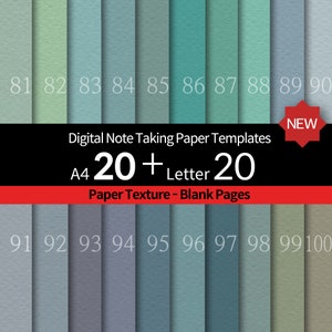 May include: A digital paper template set in shades of blue, green, and grey. The image shows a grid of paper samples numbered 81-100, with text indicating "Digital Note Taking Paper Templates" and "Paper Texture - Blank Pages."